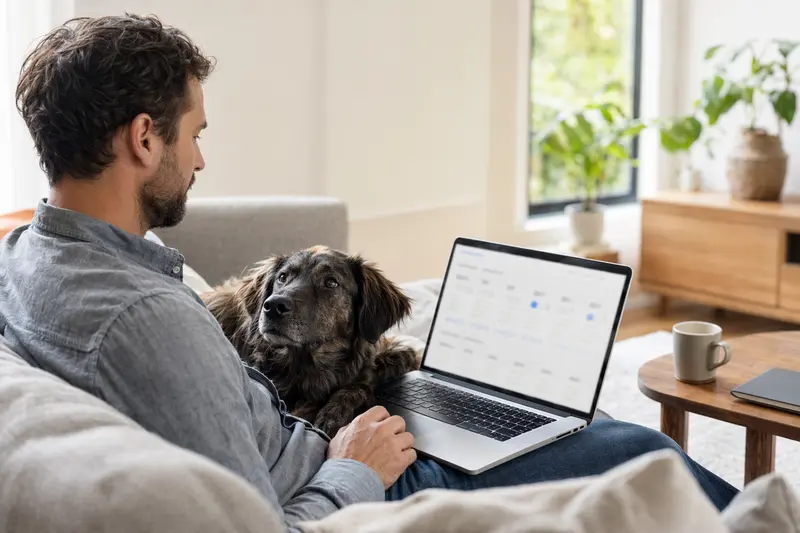 Ein Hundebesitzer arbeitet am Laptop auf dem Sofa, während ein Karabash neben ihm sitzt, und die Bildschirmoberfläche zeigt einen neutralen Versicherungsvergleich.