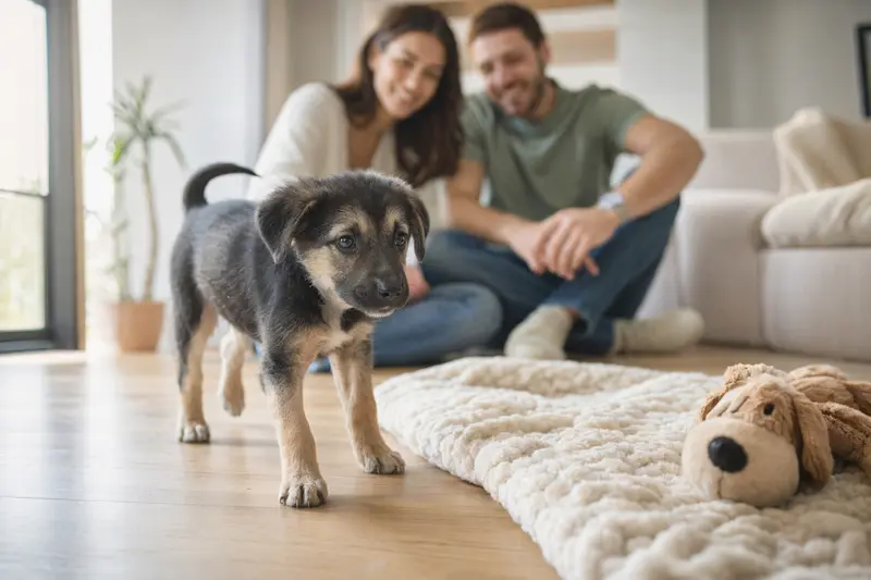 Junger Karabash Welpe entdeckt neugierig sein neues Zuhause auf einer weichen Decke in einer hellen Wohnung, während seine Familie im Hintergrund liebevoll zusieht.