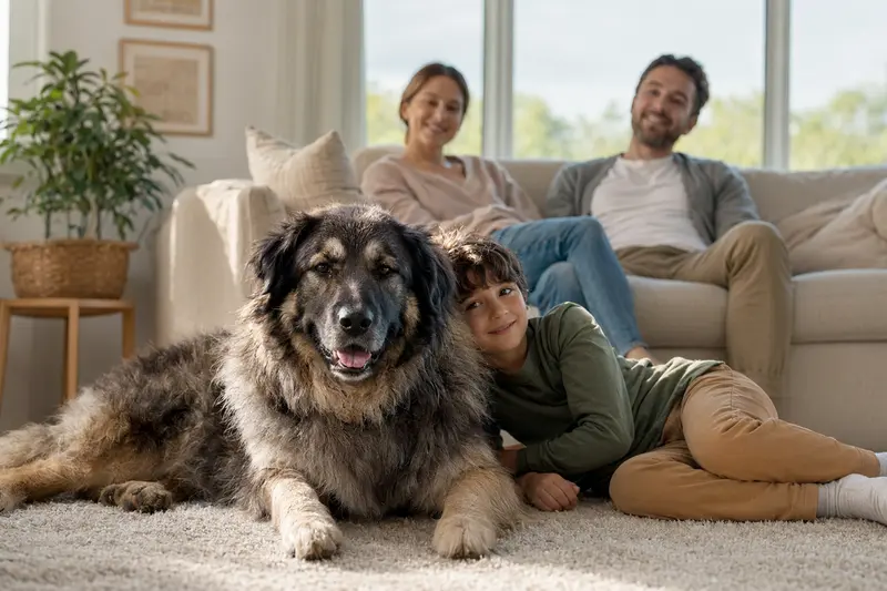 Ein freundlicher Karakachan-Hund liegt entspannt neben einem Kind im Wohnzimmer, während die Eltern im Hintergrund stehen und eine warme, sichere Familienatmosphäre entsteht.