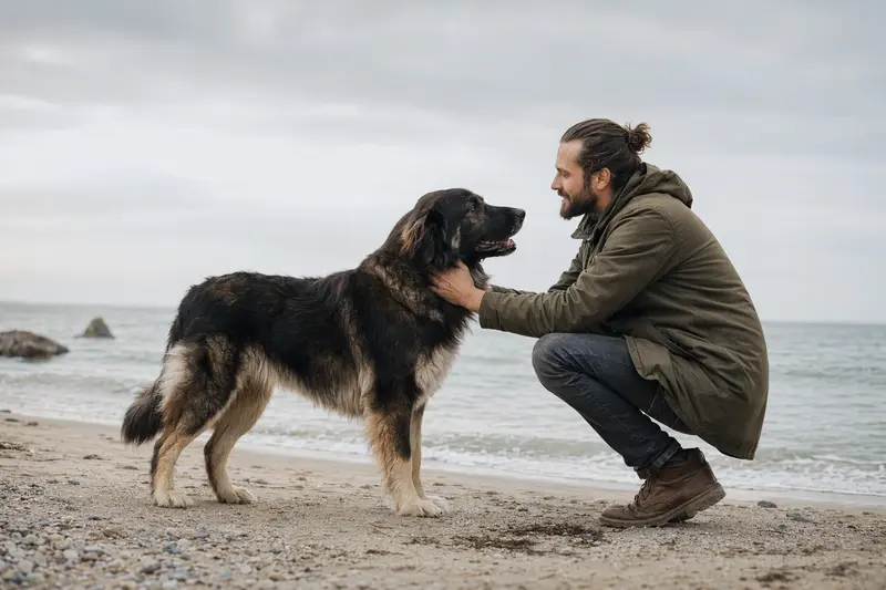 Ein aufmerksamer Karakachan Hund steht in natürlicher Haltung vor hellem Hintergrund in einem realistischen Tierportrait.