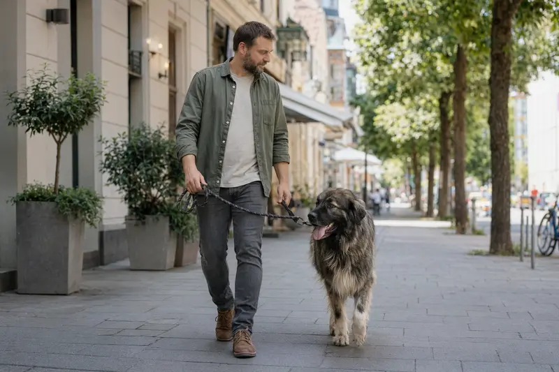 Ein Karakachan-Hund läuft an der Leine mit seinem Besitzer durch eine freundliche moderne Stadtstraße.
