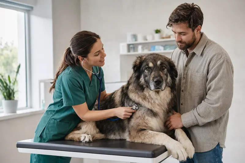 Ein ruhiger Karakachan Hund auf einem Untersuchungstisch, während eine freundliche Tierärztin ihn mit einem Stethoskop untersucht.