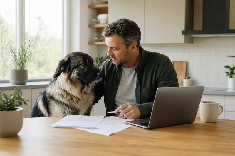 Ein Karakachan Hund sitzt neben seinem Besitzer am Küchentisch, auf dem Versicherungsunterlagen und ein Laptop mit einer Vergleichsseite liegen.