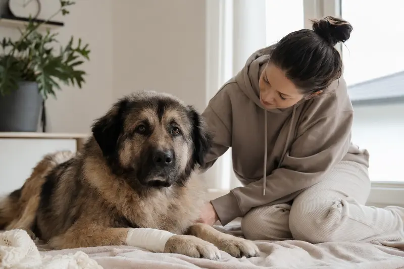 Ein Karakachan Hund mit Verband an der Pfote liegt entspannt neben seinem Besitzer in einer hellen Wohnung.