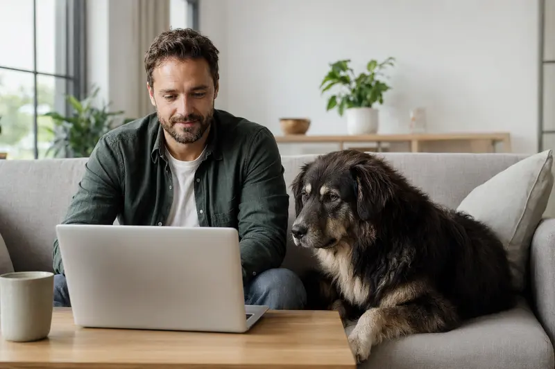 Ein Hundebesitzer mit einem Karakachan-Hund sitzt entspannt auf dem Sofa und vergleicht Versicherungen am Laptop.