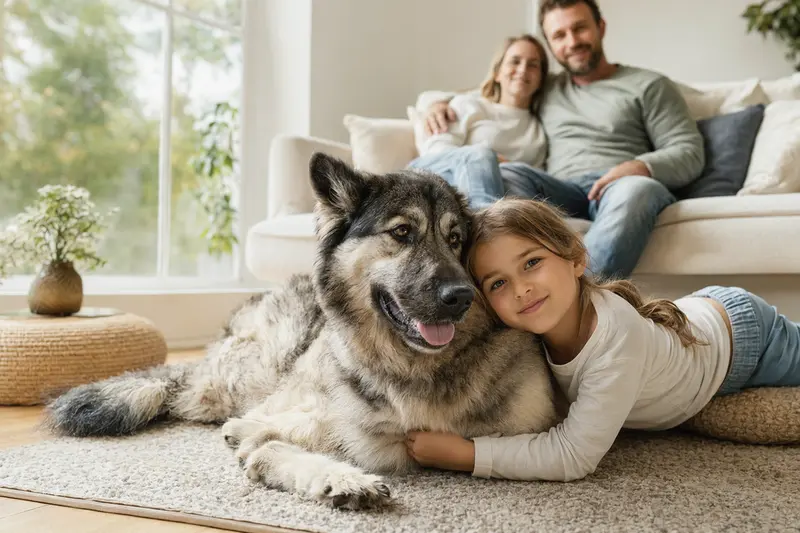 Ein Karakatschan Hund liegt entspannt neben einem Kind im Wohnzimmer, während die Eltern im Hintergrund in einer warmen, sicheren Familienatmosphäre zu sehen sind.