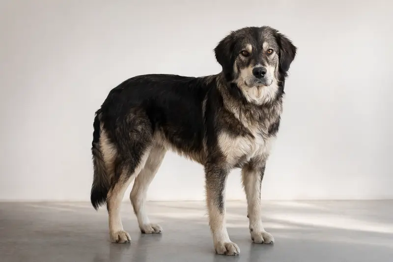 Karakatschan Hund in natürlicher Haltung vor hellem Hintergrund, als hochwertiges Tierportrait mit klar erkennbarer Fellstruktur.