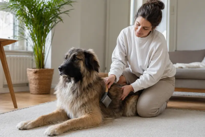 Ein Karakatschan Hund wird in einer hellen Wohnung liebevoll gebürstet und gepflegt.