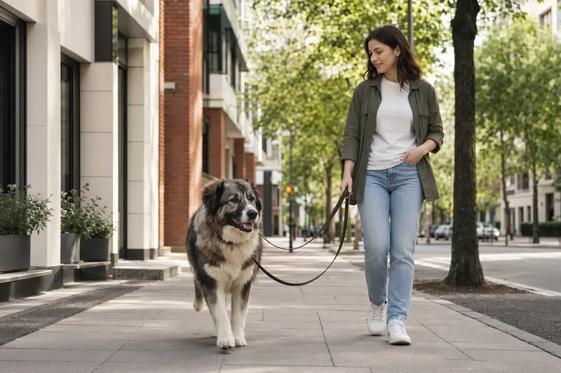Ein Karakatschan Hund läuft an der Leine mit seinem Besitzer durch eine moderne Stadtstraße.