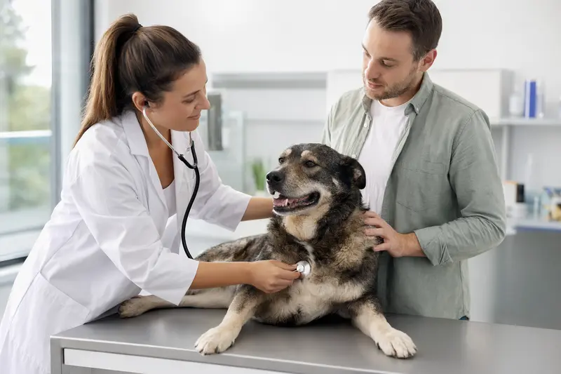 Ein Karakatschan Hund wird von einer freundlichen Tierärztin in einer modernen Tierarztpraxis mit einem Stethoskop untersucht.