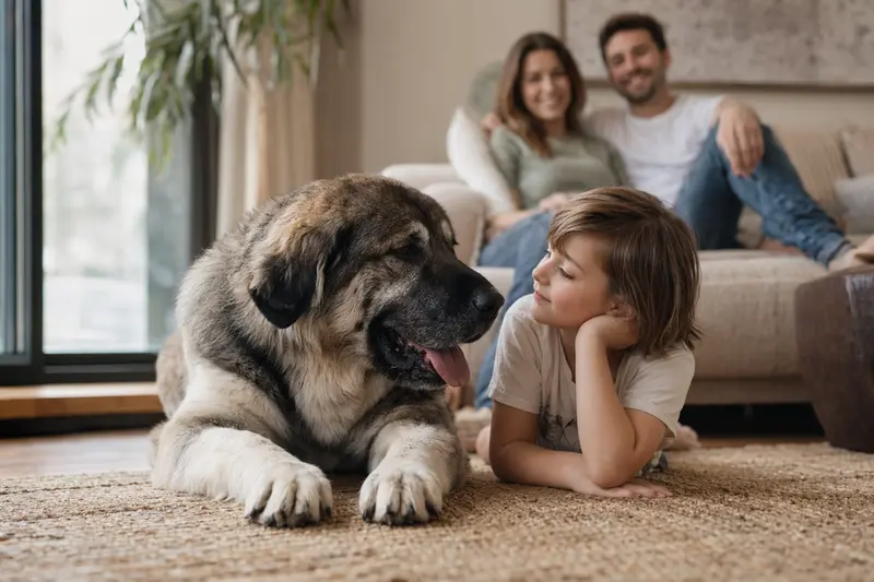 Karakatschan Bulgarischer Hirtenhund liegt entspannt neben einem Kind im hellen Wohnzimmer und vermittelt eine vertrauensvolle Familienatmosphäre.