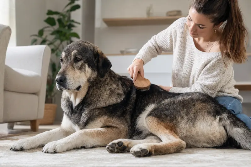 Ein Karakatschan-Hund wird in einer hellen Wohnung sanft vom Besitzer gebürstet und gepflegt.