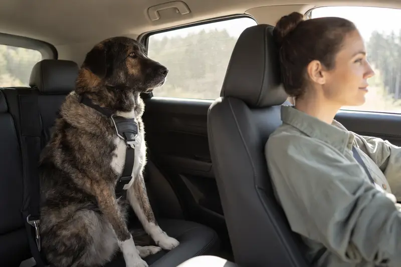 Ein Karakatschan Bulgarischer Hirtenhund sitzt sicher angeschnallt auf der Rückbank eines Autos, während der Besitzer fährt.