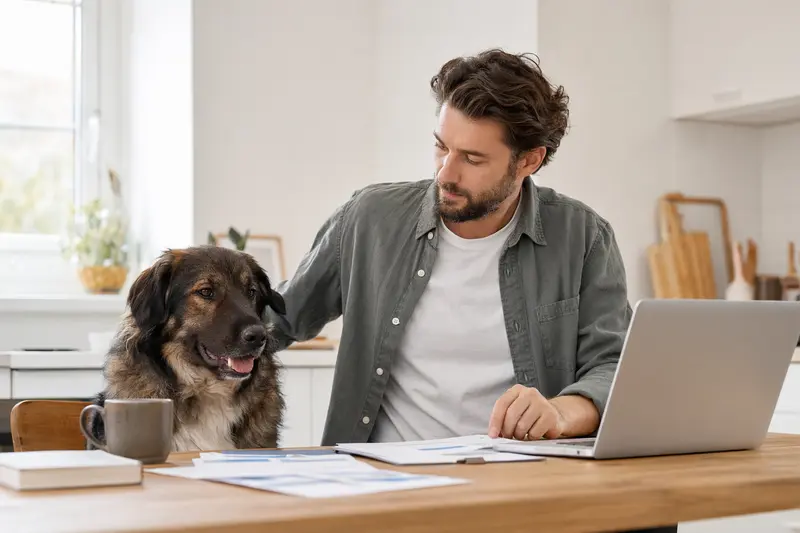 Ein Karakatschan Bulgarischer Hirtenhund sitzt ruhig neben seinem Besitzer am Küchentisch, während Versicherungsunterlagen und ein Laptop eine Hundekrankenversicherung vergleichen.