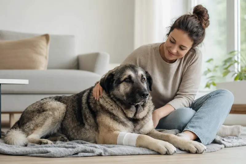 Karakatschan Bulgarischer Hirtenhund mit leicht bandagierter Pfote liegt ruhig auf einer Decke, während sein Besitzer neben ihm erleichtert sitzt.