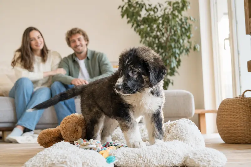 Ein junger Karakatschan Welpe entdeckt neugierig sein neues Zuhause in einer hellen Wohnung mit weicher Decke und Spielzeug.