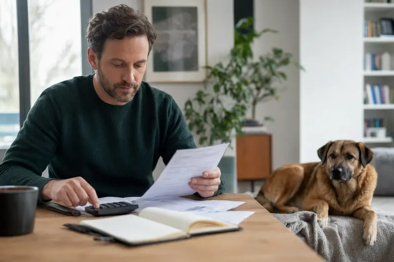 Ein Hundehalter sitzt mit einer Tierarztrechnung am Tisch, während sein Karakatschan Hund entspannt auf einer Decke liegt – ein realistisches Motiv zum Thema Hundekrankenversicherung und Tierarztkosten.