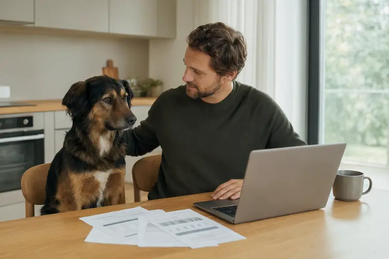 Ein Karakatschan Hund sitzt neben seinem Besitzer am Küchentisch, auf dem Versicherungsunterlagen und ein neutraler Laptop liegen.