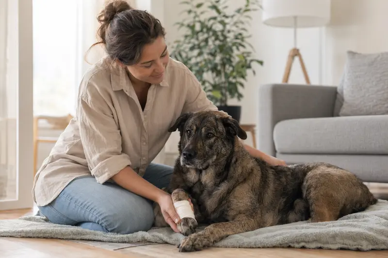Ein Karakatschan Hund mit einem leichten Verband an der Pfote liegt entspannt neben seinem erleichterten Besitzer in einer hellen Wohnung.