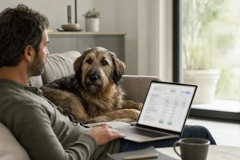 Ein Hundebesitzer arbeitet am Laptop auf dem Sofa, während ein Karakatschan Hund neben ihm sitzt und eine neutrale Versicherungsvergleichsseite auf dem Bildschirm sichtbar ist.