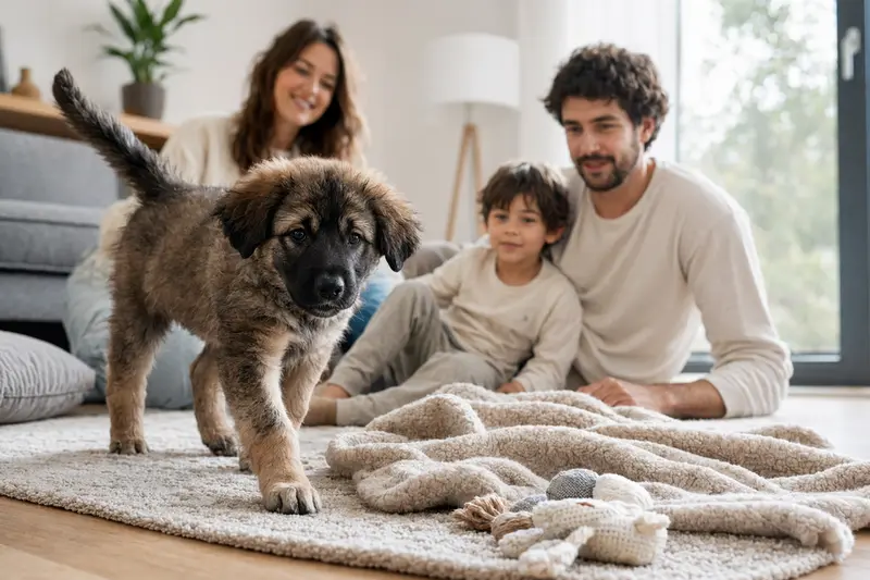 Ein junger Karakatschan Welpe entdeckt neugierig sein neues Zuhause mit einer lieben Familie im Hintergrund.
