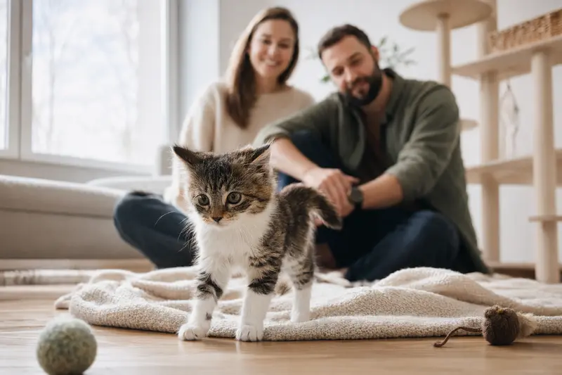 Ein neugieriges Karelische Bobtail Kurzhaar Katzen Kitten erkundet sein neues Zuhause mit weicher Decke und Spielzeug.