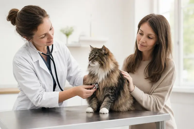 Eine Karelische Bobtail Langhaar Katze wird von einer Tierärztin auf einem Untersuchungstisch gründlich untersucht.