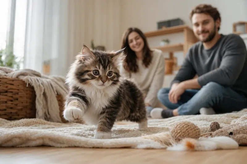Ein neugieriges Karelische Bobtail Langhaar Katzen Kitten entdeckt sein neues Zuhause mit weicher Decke und Spielzeug.