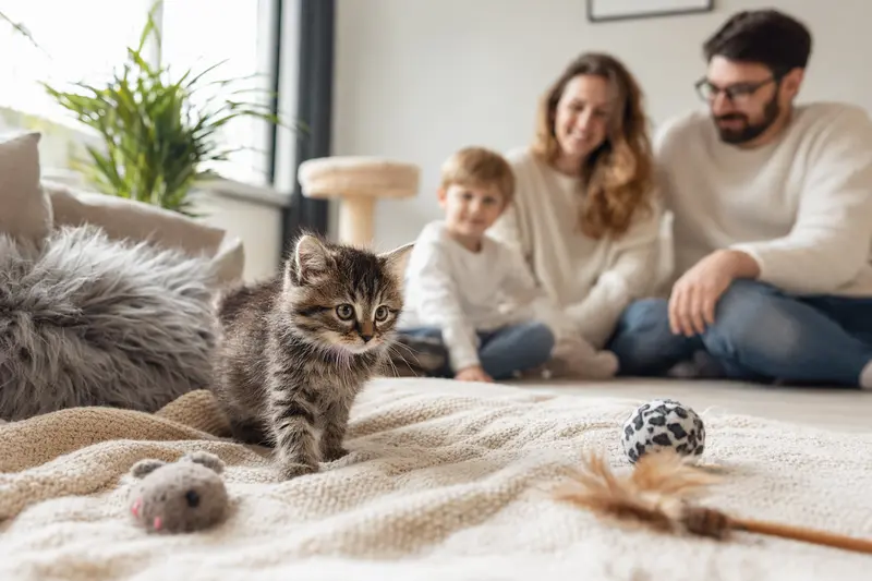 Ein neugieriges Karelische Stummelschwanzkatze Kitten entdeckt seine neue, sichere Umgebung mit einer weichen Decke und Spielzeug.