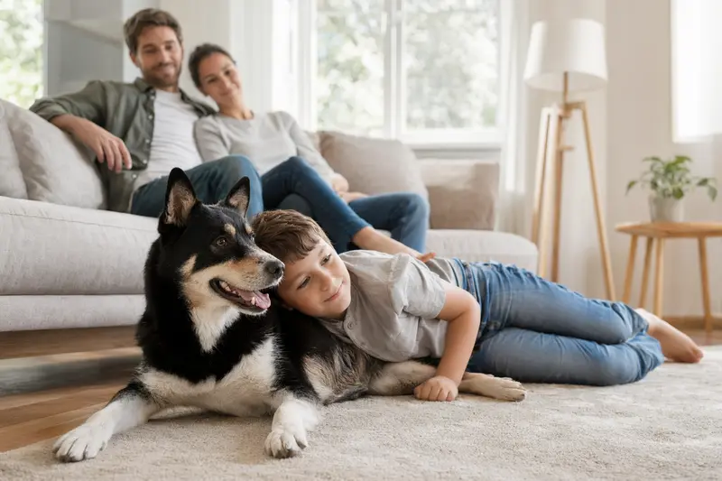 Ein Karelischer Bärenhund liegt entspannt neben einem Kind im hellen Wohnzimmer einer Familie.