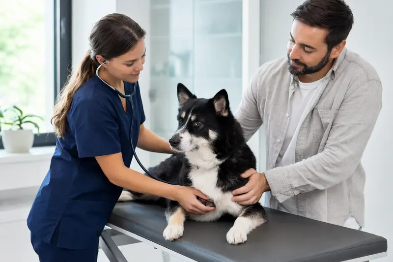 Ein Karelischer Bärenhund wird von einer freundlichen Tierärztin auf einem Untersuchungstisch in einer modernen Tierarztpraxis sanft untersucht.