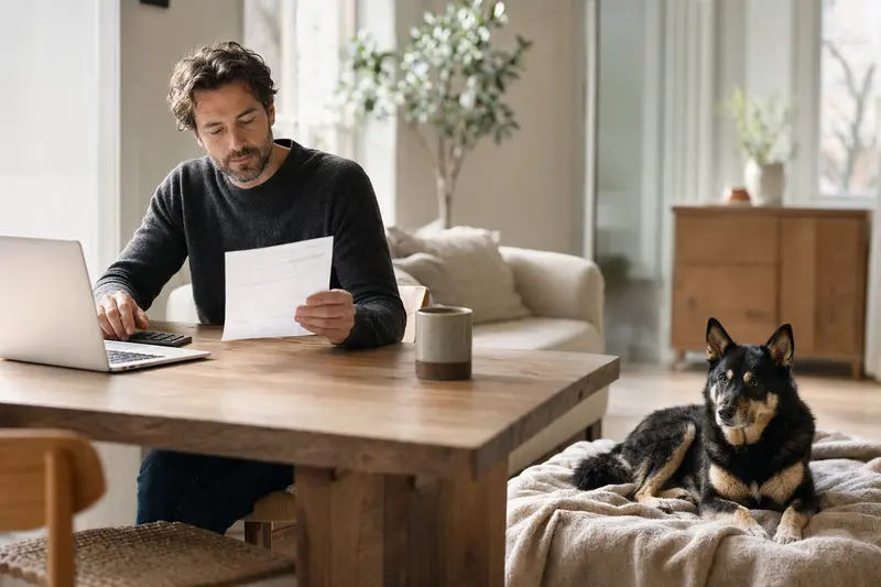 Ein Hundehalter sitzt mit einer Tierarztrechnung am Tisch, während ein entspannter Karelischer Bärenhund auf einer Decke daneben liegt.