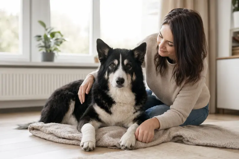 Ein Karelischer Bärenhund mit leichtem Verband liegt entspannt auf einer Decke neben seinem erleichterten Besitzer in einer hellen und fürsorglichen Wohnung.