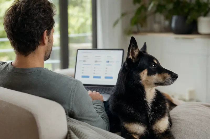 Ein Besitzer sitzt mit Laptop auf dem Sofa, neben ihm ein Karelischer Bärenhund, während er eine Versicherungsvergleichsoberfläche betrachtet.