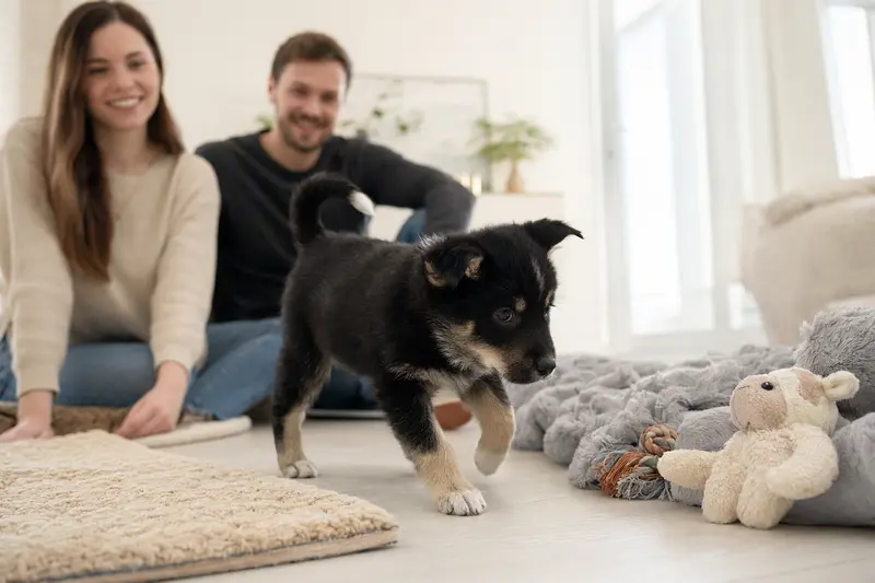Ein neugieriger Karelischer Bärenhund Welpe erkundet sein neues Zuhause und spielt mit seiner weichen Decke und Spielzeug.