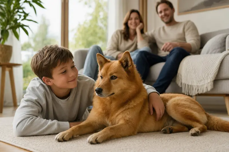 Ein Karelo-Finnish Laika liegt entspannt neben einem Kind im hellen Wohnzimmer, während die Eltern im Hintergrund zu sehen sind.