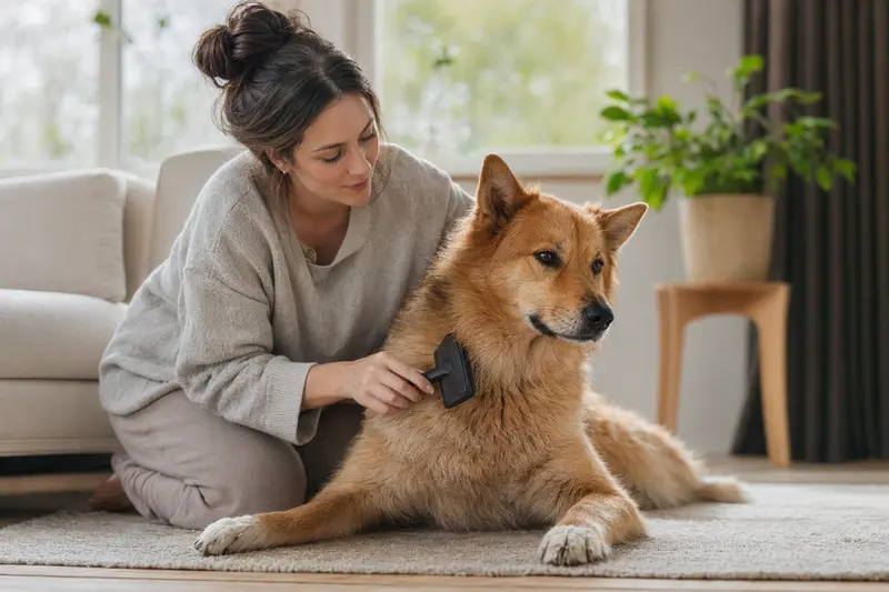 Ein Karelo-Finnish Laika wird zuhause liebevoll gebürstet, während die Fellpflege in einer hellen Wohnung ruhig und fürsorglich wirkt.