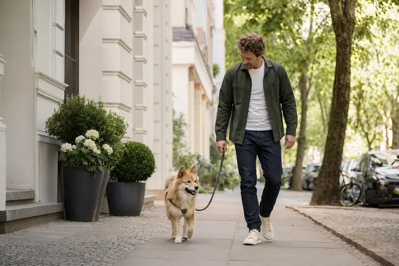 Ein Karelo-Finnish Laika läuft an der Leine mit seinem Besitzer durch eine saubere moderne Stadtstraße.