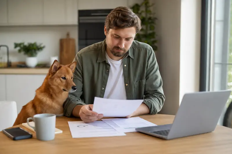 Ein Karelo-Finnish Laika sitzt ruhig neben seinem Besitzer am Küchentisch mit Versicherungsunterlagen und Laptop zur Hundekrankenversicherung.