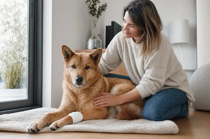 Karelo-Finnish Laika mit leicht verbundenen Pfote liegt ruhig auf einer Decke, während sein Besitzer neben ihm erleichtert sitzt.