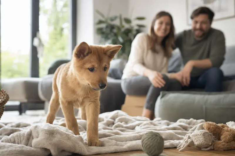 Ein junger Karelo-Finnish Laika Welpe erkundet neugierig sein neues Zuhause mit weicher Decke und Spielzeug in einer hellen Wohnung.