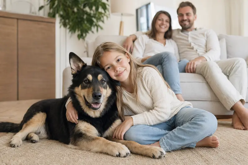 Ein Karjalankarhukoira liegt entspannt neben einem Kind im hellen Wohnzimmer und vermittelt als Familienhund eine sichere, vertrauensvolle Atmosphäre.