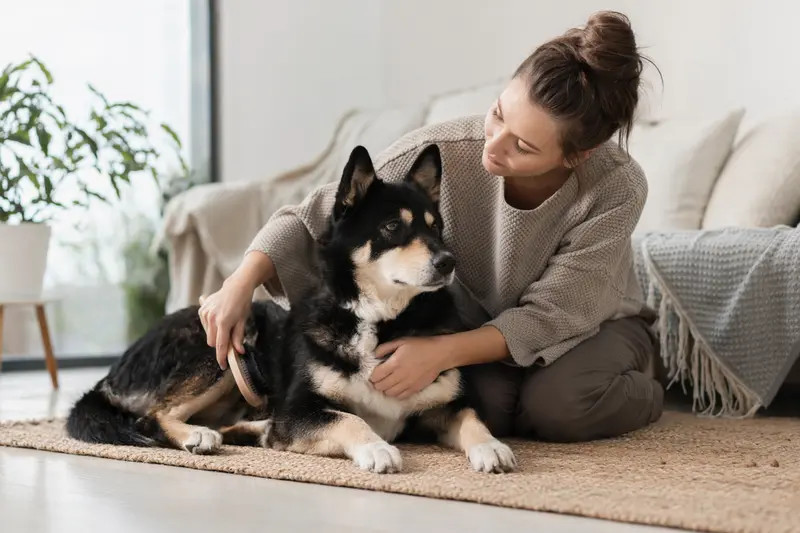 Ein Karjalankarhukoira wird in einer hellen Wohnung sanft gebürstet, während sich der Besitzer liebevoll um die Fellpflege kümmert.