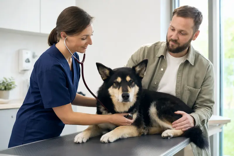 Eine freundliche Tierärztin untersucht einen ruhigen Karjalankarhukoira mit dem Stethoskop in einer hellen Tierarztpraxis, während der Besitzer beruhigend danebensteht.