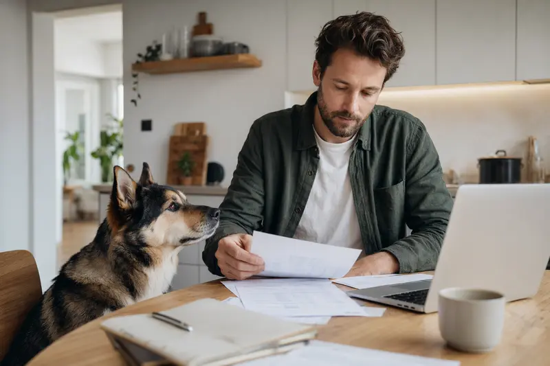 Ein Karjalankarhukoira sitzt ruhig neben seinem Besitzer am Küchentisch, während Versicherungsunterlagen und ein Laptop mit Vergleichsseite auf eine Hundeversicherung hinweisen.