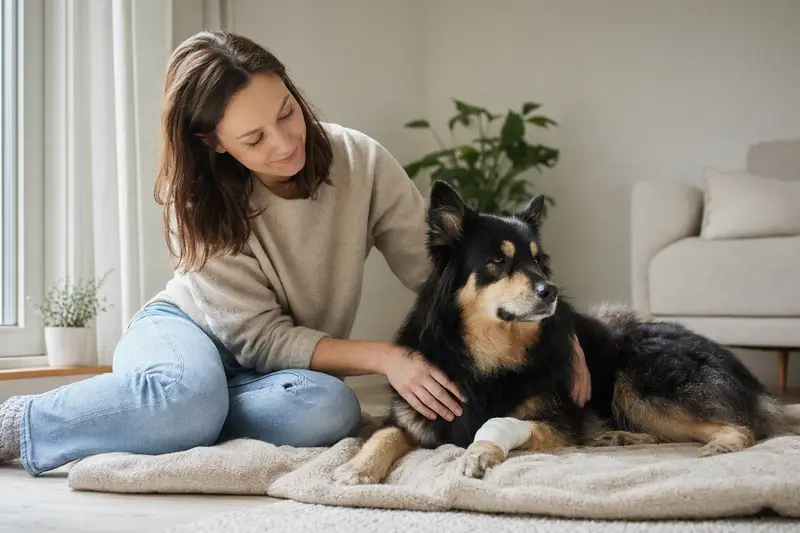 Karjalankarhukoira Hund mit leichtem Verband an der Pfote liegt ruhig auf einer Decke neben seinem erleichterten Besitzer in heller Wohnung.