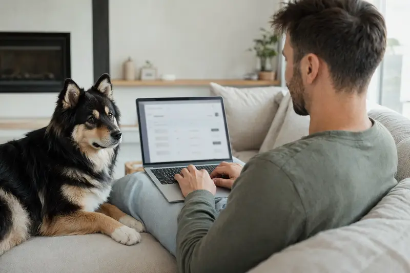 Besitzer arbeitet am Laptop, während ein Karjalankarhukoira Hund auf dem Sofa sitzt und die Versicherungsoptionen für Tiere prüft.