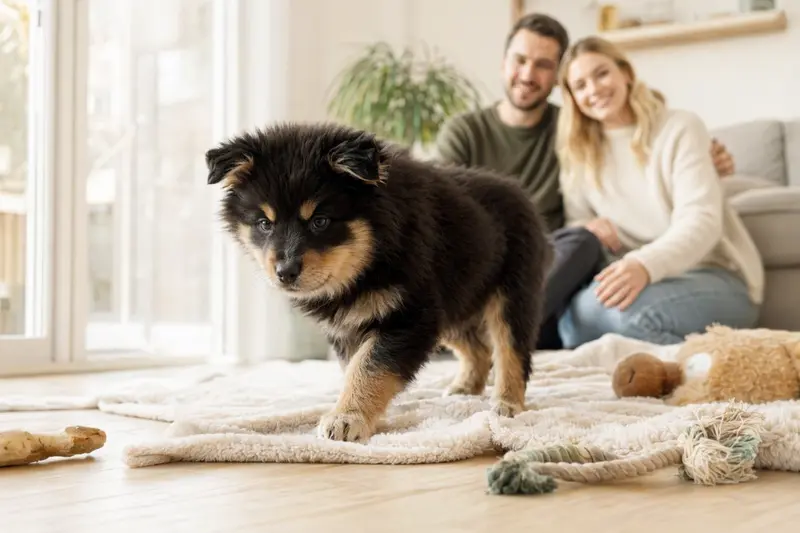 Neugieriger Karjalankarhukoira Welpe erkundet sein neues Zuhause auf einer weichen Decke mit Spielzeug in einer hellen Wohnung.