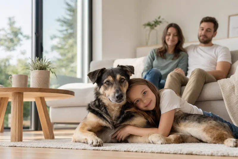 Ein freundlicher Karst Schäferhund liegt entspannt neben einem Kind im hellen Wohnzimmer, während Eltern im Hintergrund eine sichere Familienatmosphäre schaffen.