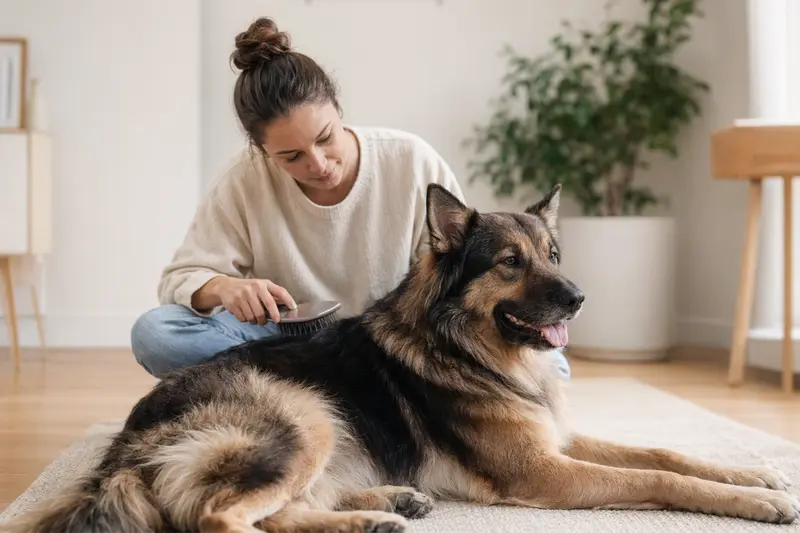 Ein Karst Schäferhund wird in einer hellen Wohnung sanft gebürstet, während sein Besitzer liebevoll die Fellpflege übernimmt.